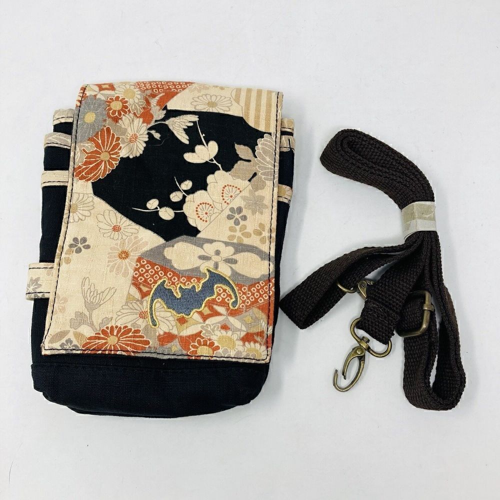Ripple Canvas Asian Design Brown  8”x 6”‎ Crossbody Bag~Front Pockets With Bat
